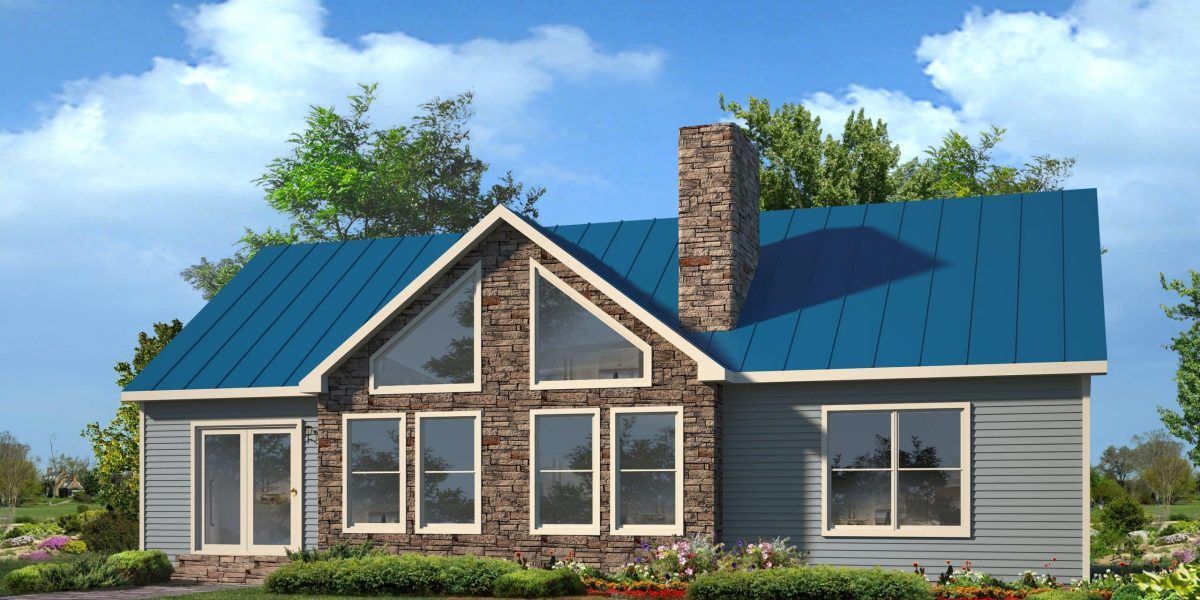 Modern single-story house with blue metal roof, stone chimney, and gray siding under a clear sky