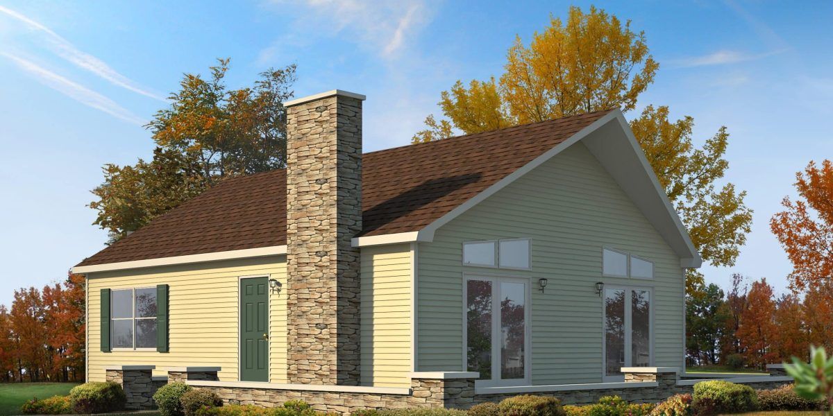 A small house with a chimney on the side of it