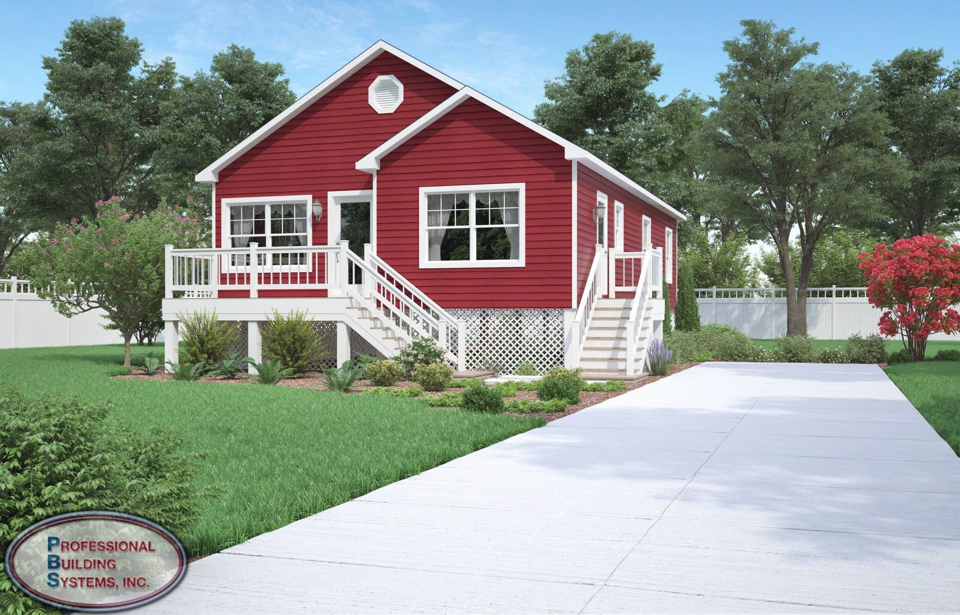A red house with a white trim and stairs