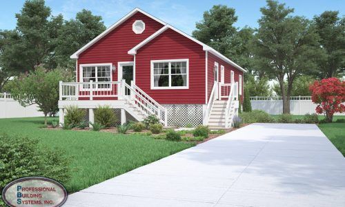 Red house with white trim, front porch, and steps beside a driveway in a leafy neighborhood