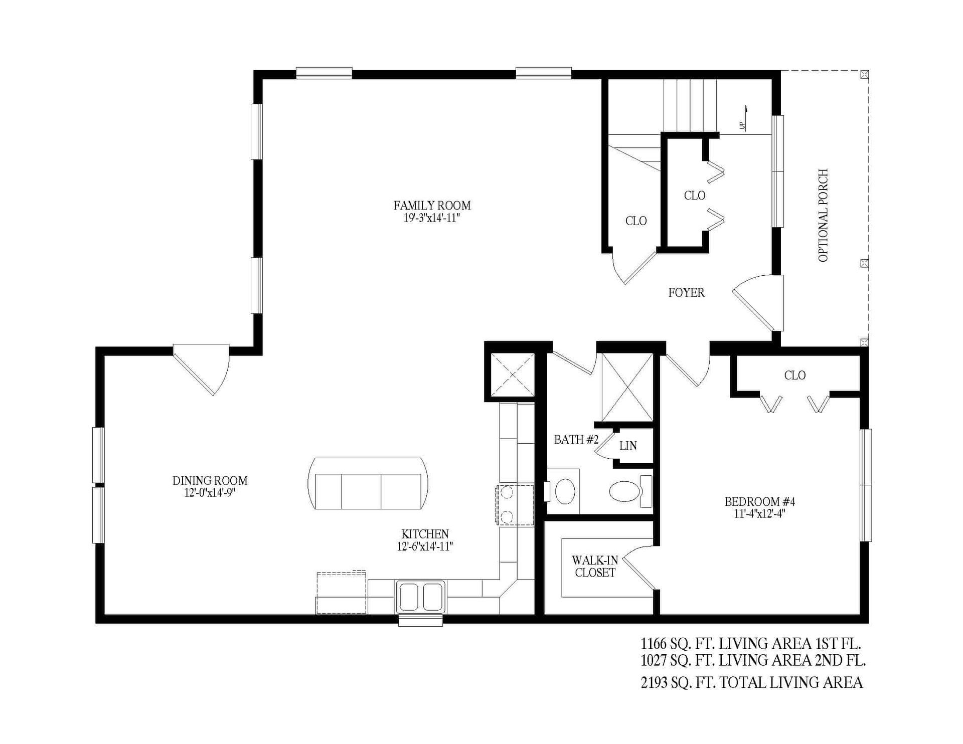 Black-and-white floor plan of a house layout with labeled rooms, doors, and furniture.