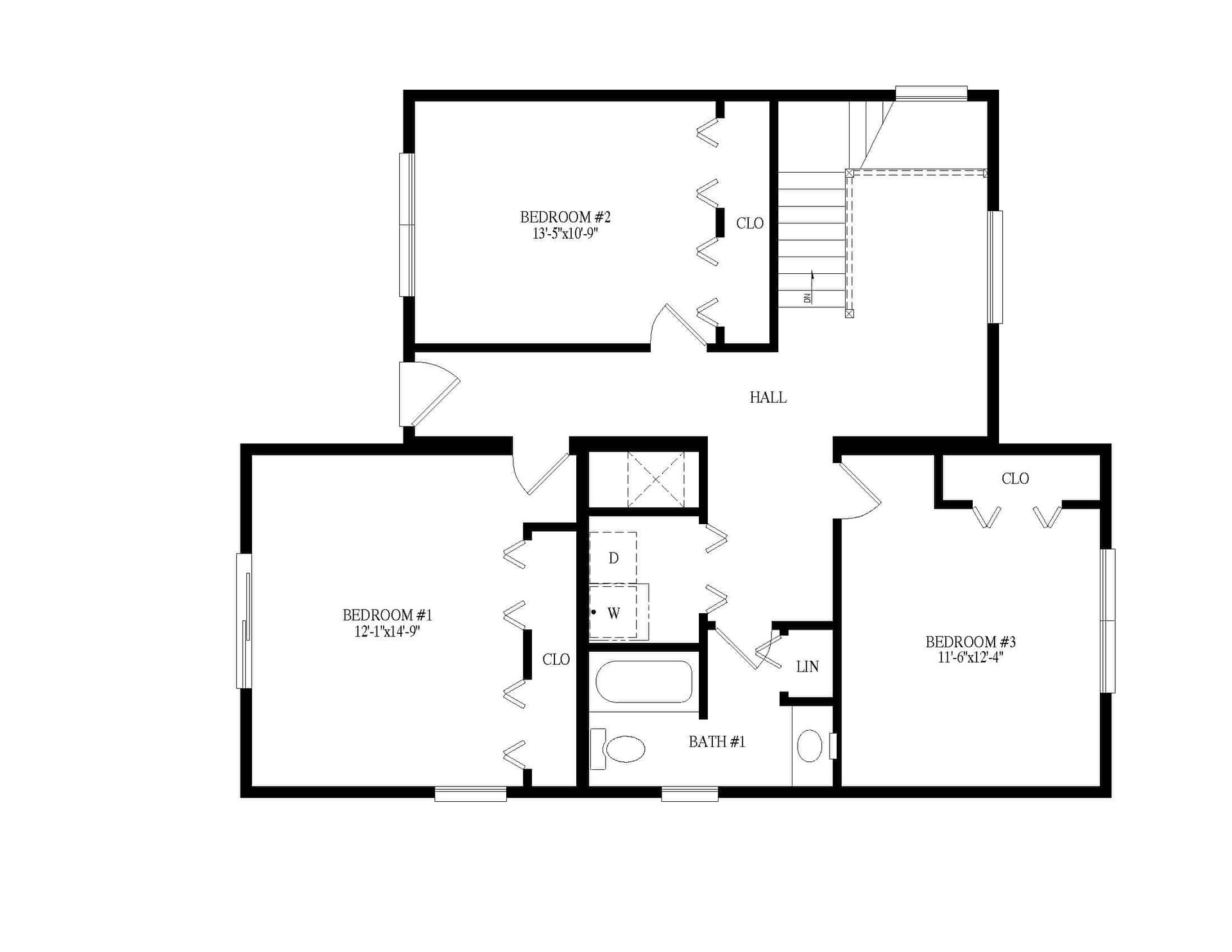 Black-and-white architectural floor plan of a house with labeled rooms and staircase.