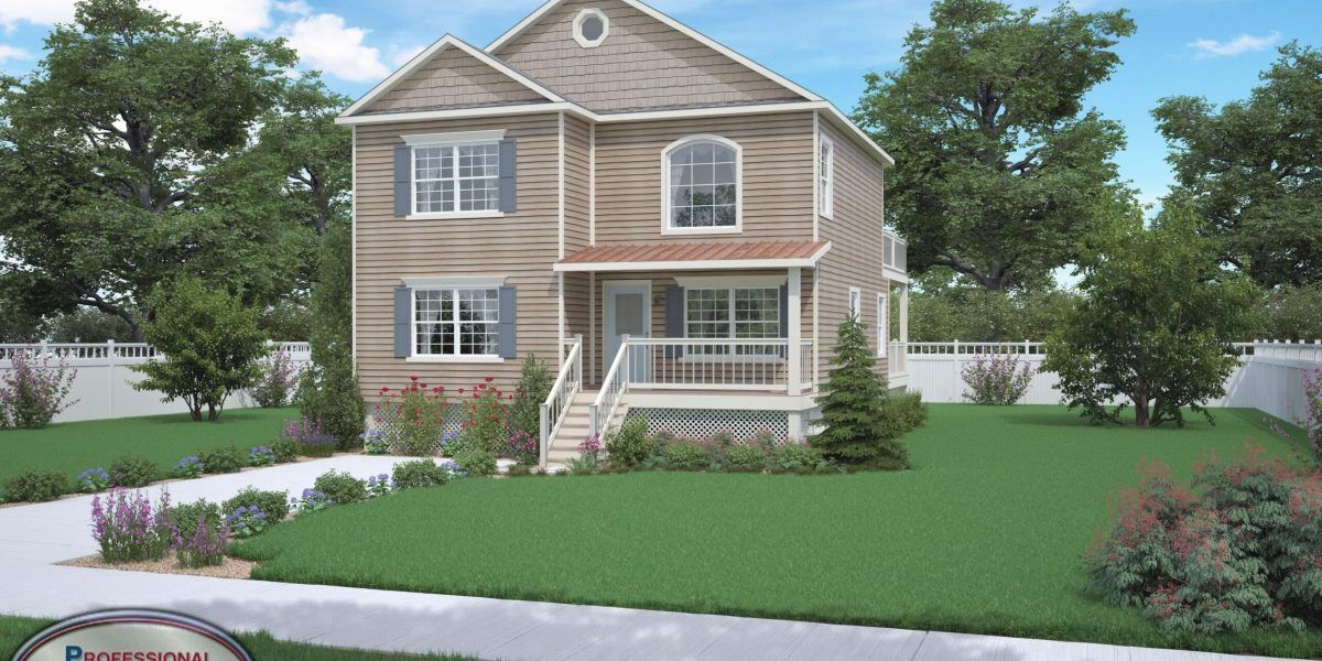 Two-story beige house with white trim, front porch, and green lawn in a suburban setting