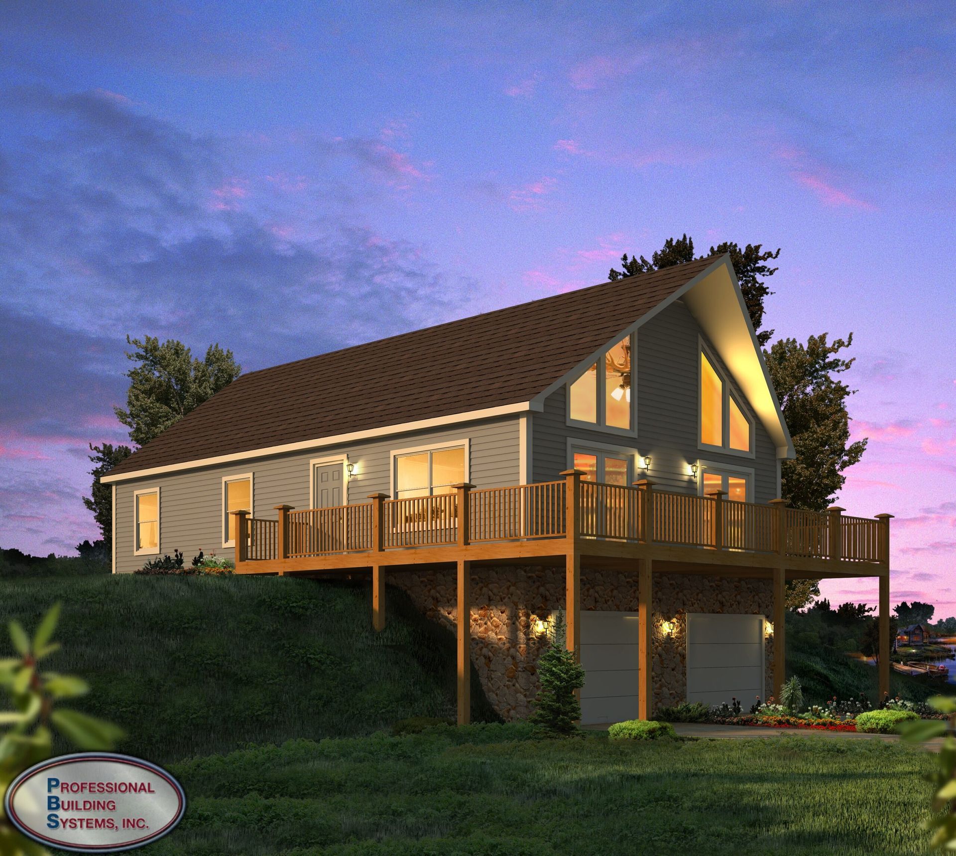 A house with a large deck and a sign that says ' professional builders ' on it