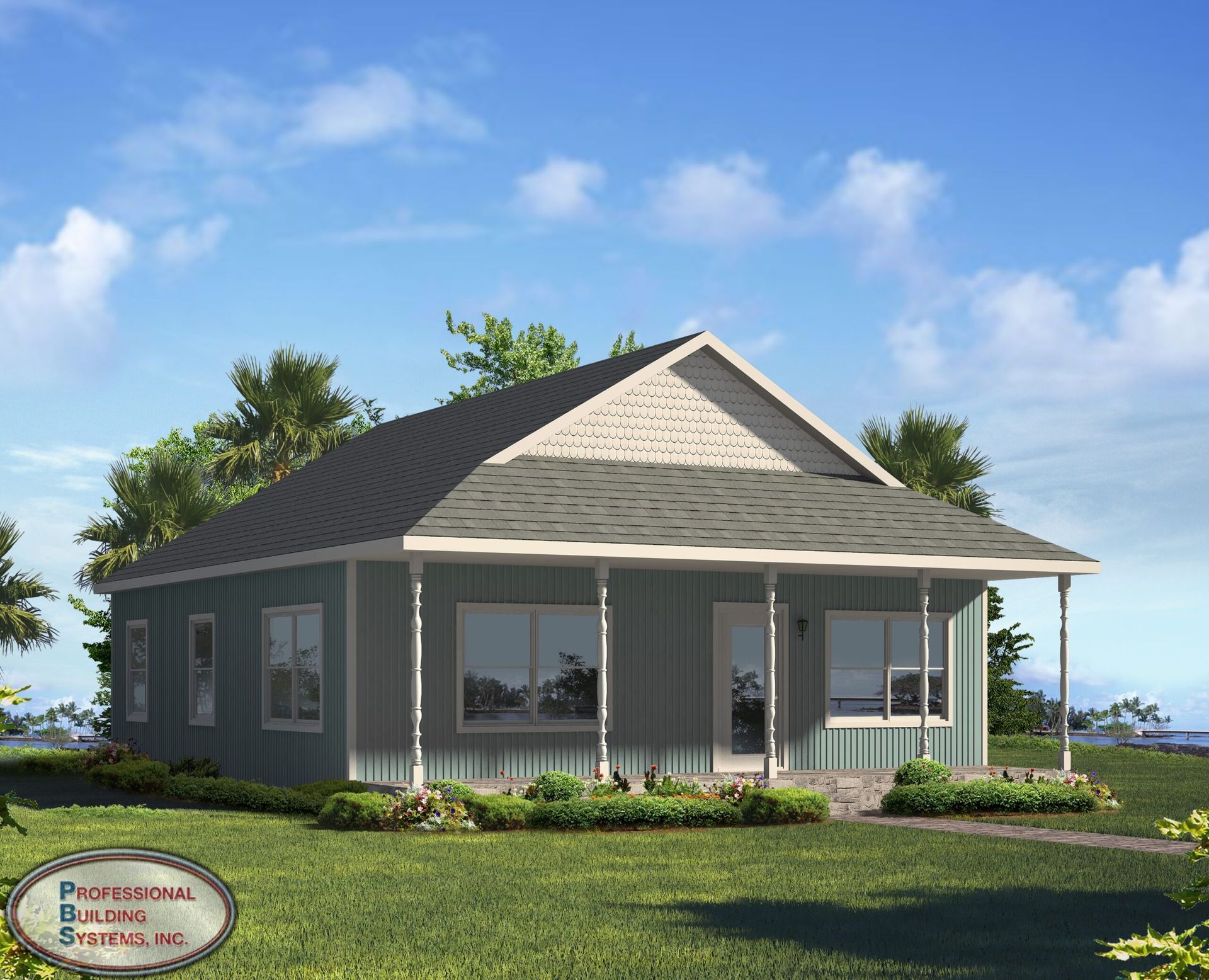 Single-story gray house with white trim and porch in a sunny green yard