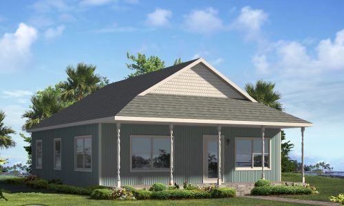 An artist 's impression of a small house with a porch
