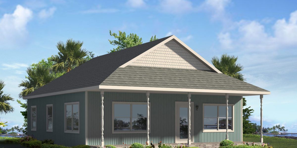 Single-story gray house with white trim and a front porch under a clear blue sky.
