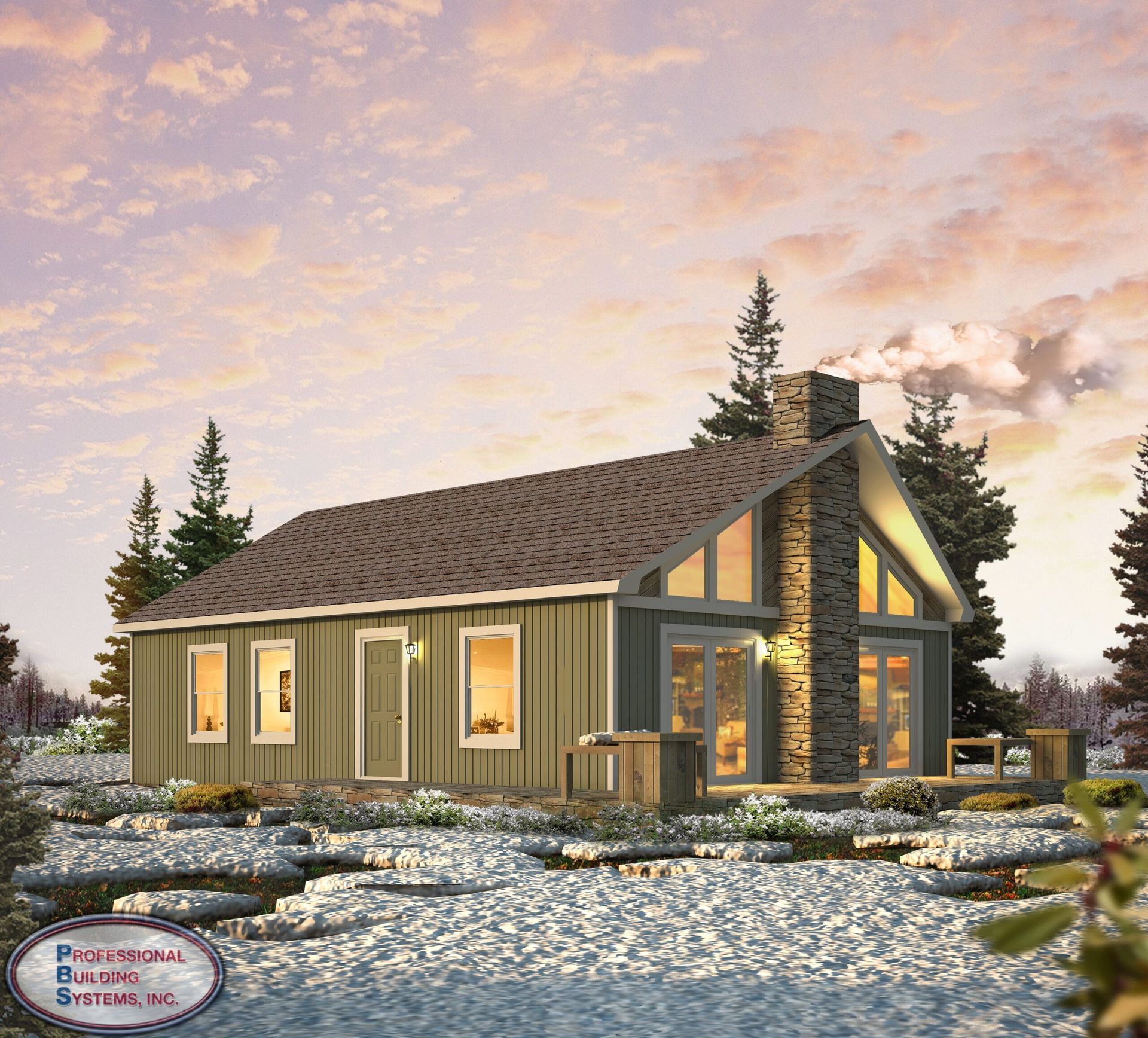 Modern cabin-style house with lit windows, stone accents, and a snowy yard at sunset