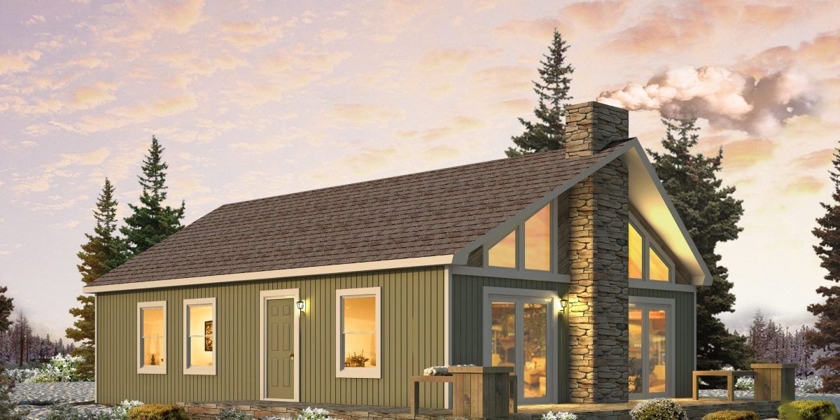 Modern two-story house with warm interior lights, tall windows, and a gabled roof at sunset