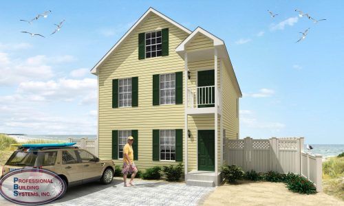 A yellow house with green shutters and a car parked in front of it