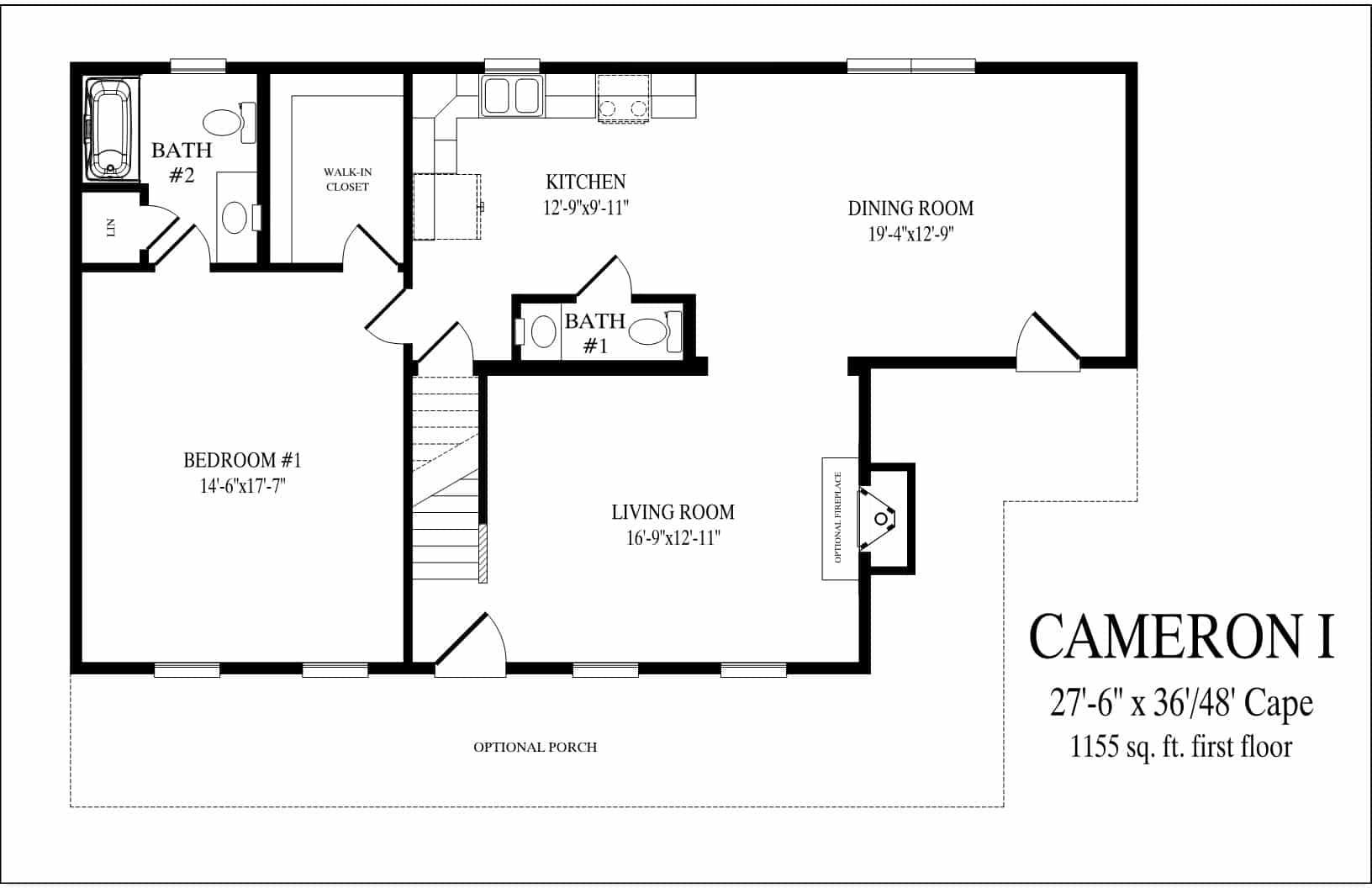 Black-and-white floor plan of a 3-bedroom home with kitchen, living room, dining room, baths, and porch