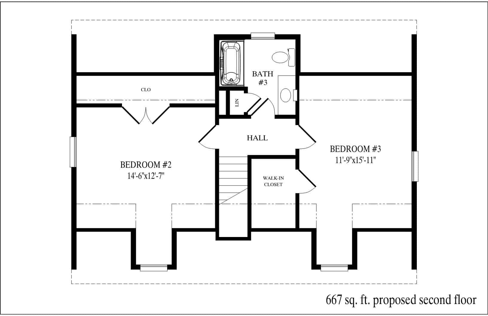 Second-floor architectural floor plan showing two bedrooms, hall, bath, and closets.