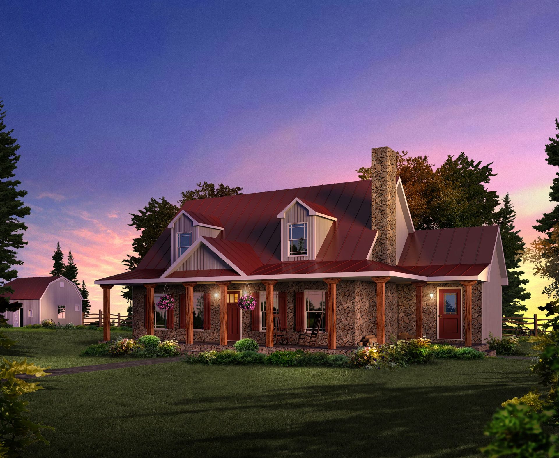 Brick house with red roof and stone chimney at dusk, surrounded by green lawn and trees.