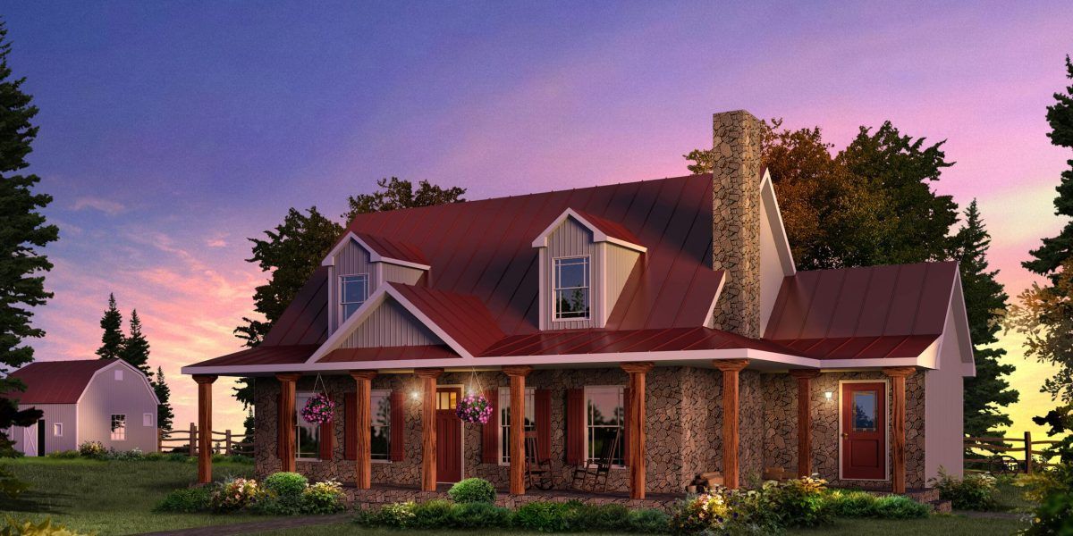 Red farmhouse with a wraparound porch and chimney at sunset, framed by trees and a pink-purple sky