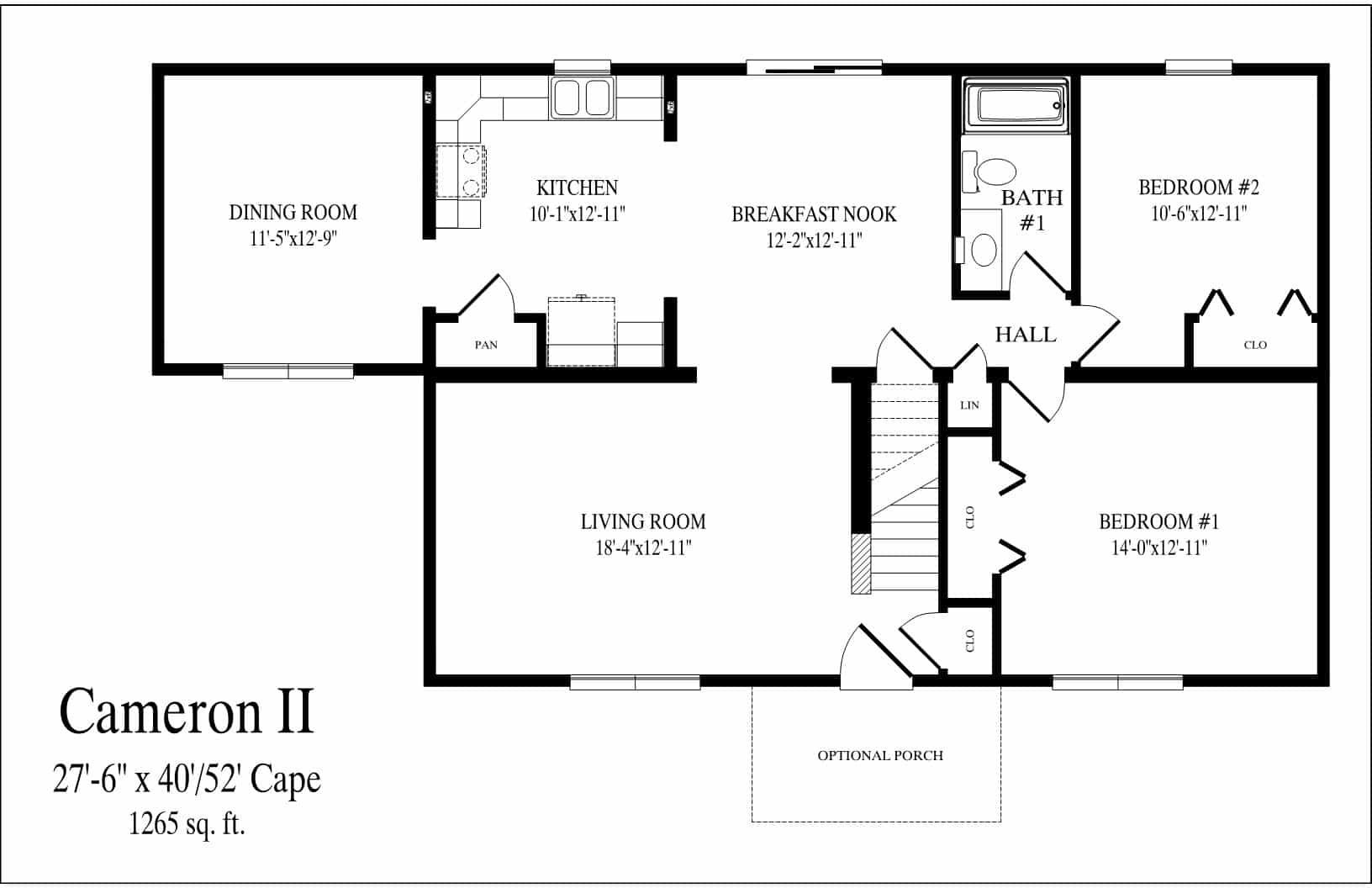 Black-and-white floor plan of a Cameron II home with labeled rooms and staircase.