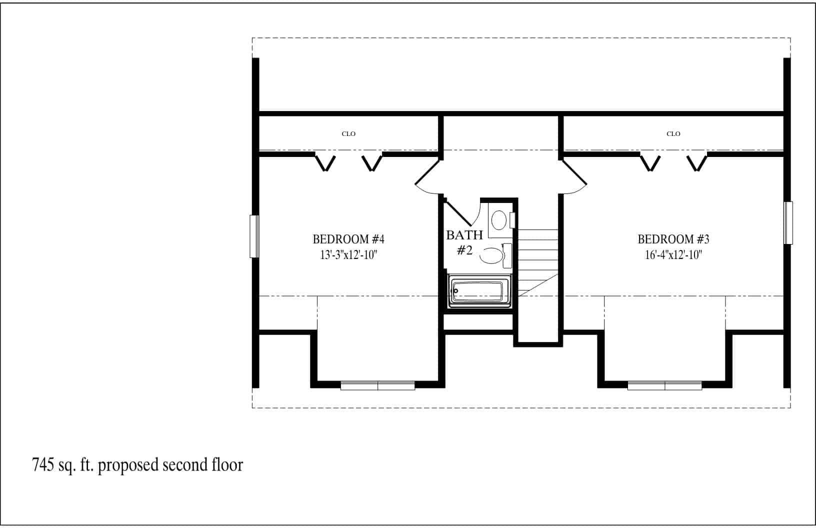 Black-and-white floor plan of a small apartment with two bedrooms and a central bathroom/stair area