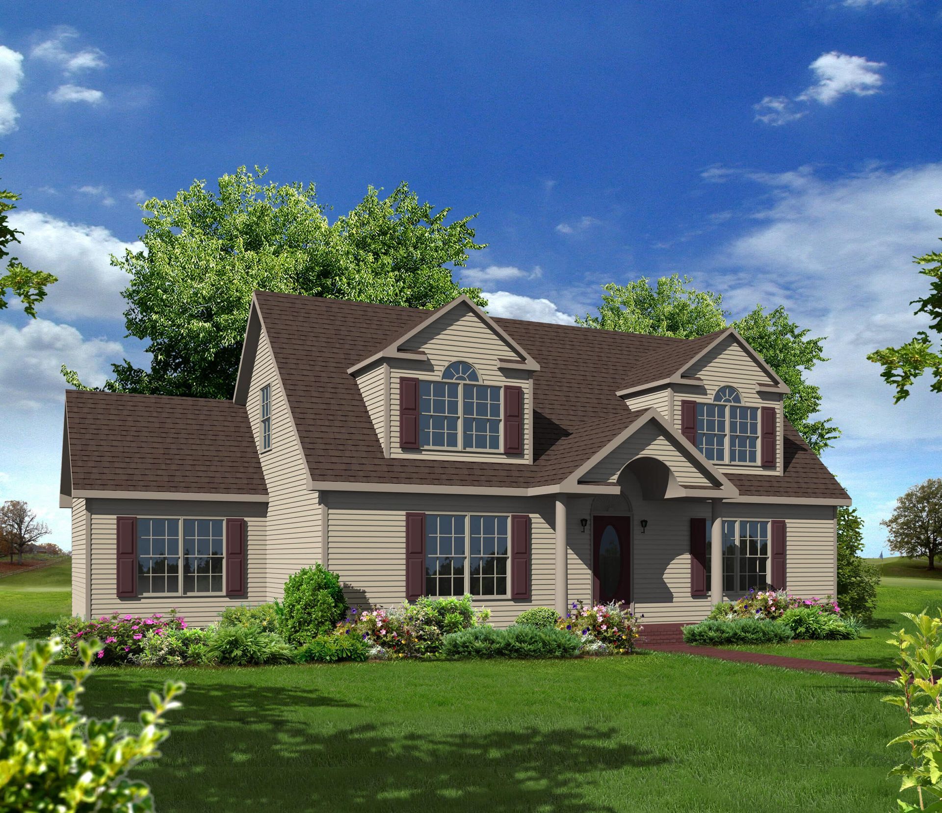 Suburban house with brown roof, beige siding, and a green lawn under a bright blue sky