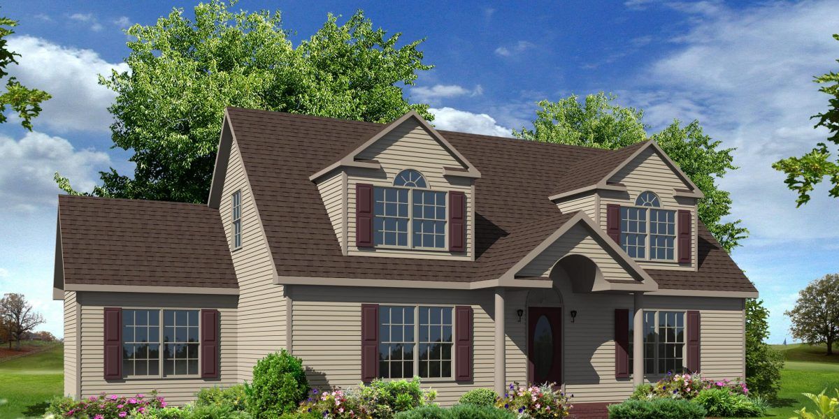 Suburban two-story beige house with brown roof, white trim, and a front porch under a blue sky