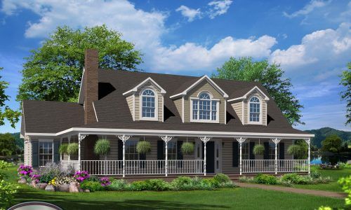Large two-story gray house with wraparound porch, white columns, dormer windows, and landscaped front yard