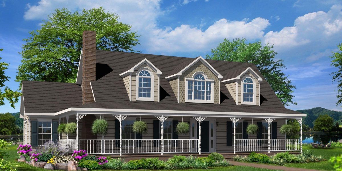 An artist 's impression of a house with a large porch.