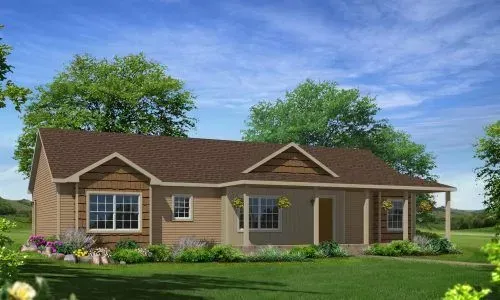 An artist 's impression of a house with a brown roof