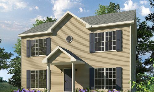 An artist 's impression of a house with a porch and shutters