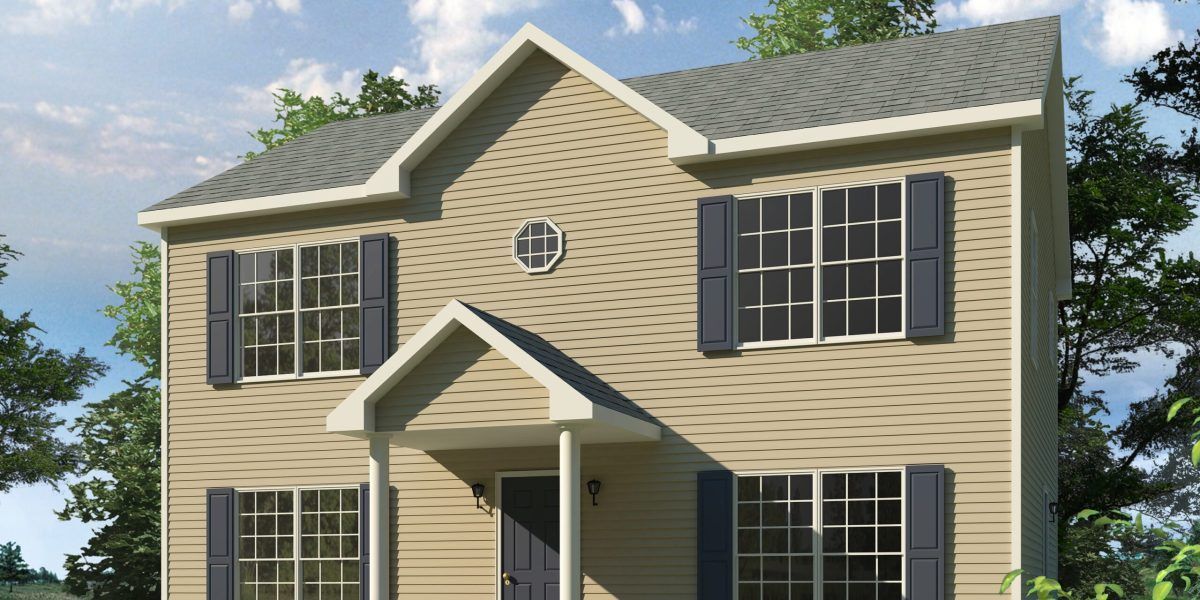 An artist 's impression of a house with blue shutters and a porch.