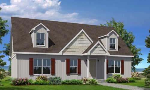 Suburban house with gray roof, white siding, red shutters, and a front porch under a blue sky