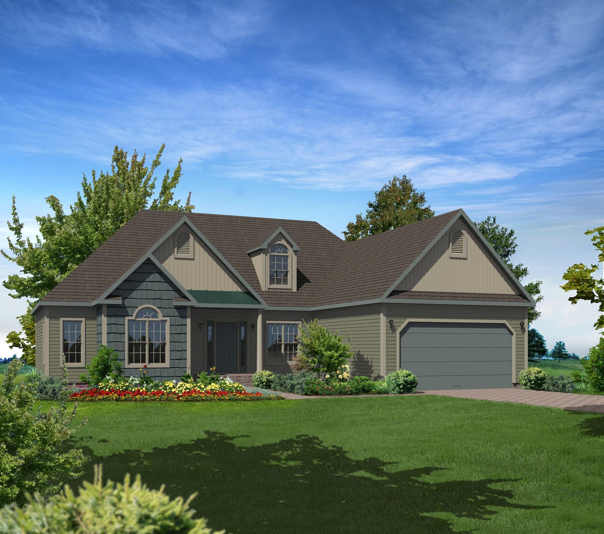 An artist 's impression of a house with a brown roof