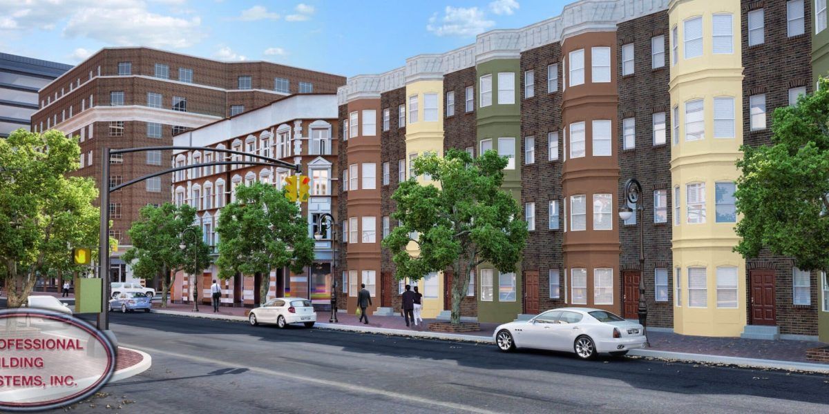 An artist 's impression of a brick apartment building with cars parked in front of it.