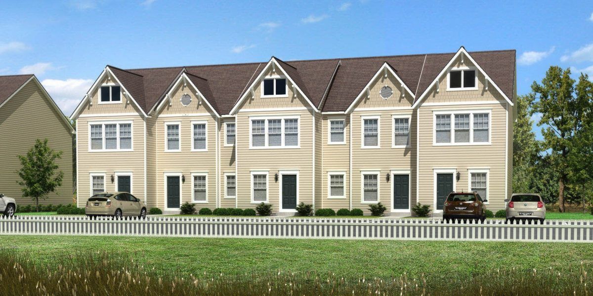 An artist 's impression of a row of houses with cars parked in front of them.