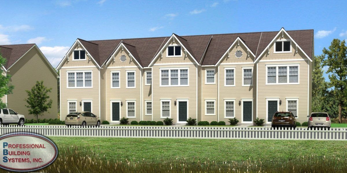 Renderings of beige townhouse-style homes with dark roofs and white picket fence