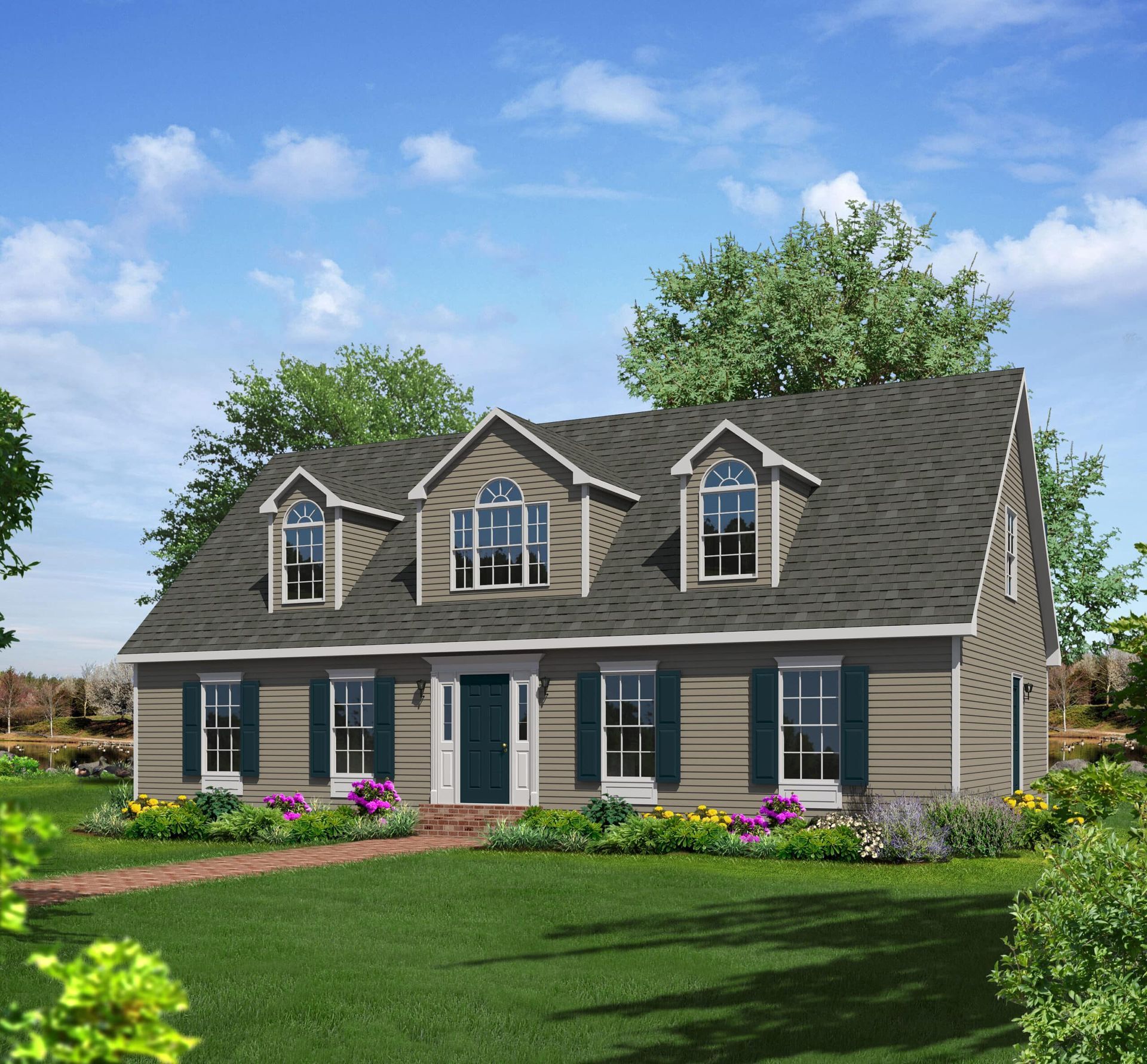 Suburban house with gray roof, blue shutters, white trim, and a green lawn under a blue sky