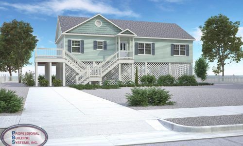 Front view of a light blue raised house with white stairs, porch, and driveway landscaping