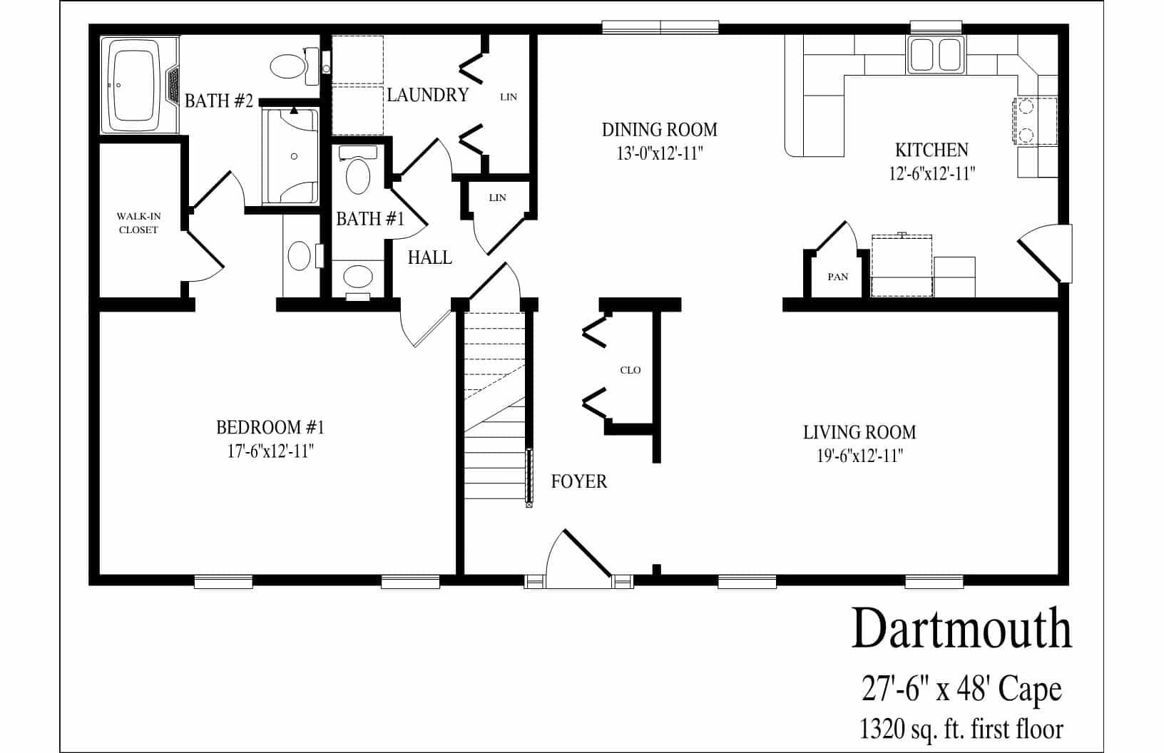 Black-and-white Dartmouth house floor plan with bedrooms, baths, kitchen, dining room, and living room.