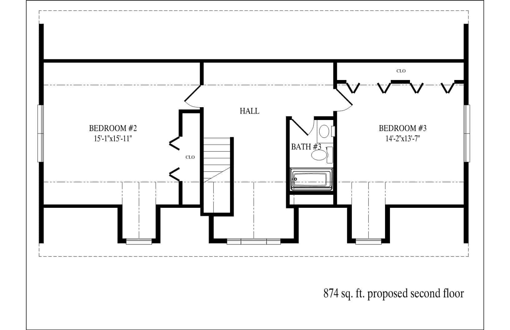 Floor plan of a small second-floor layout with bedrooms, bath, hall, and closets.