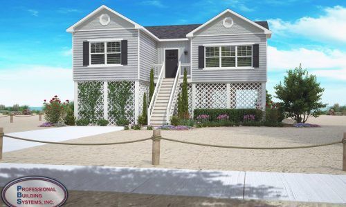 Two-story gray house with white trim, front stairs, and a landscaped yard under a clear blue sky