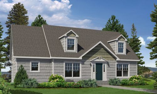 Stone house with gray roof, dormer windows, and manicured front yard under a blue sky