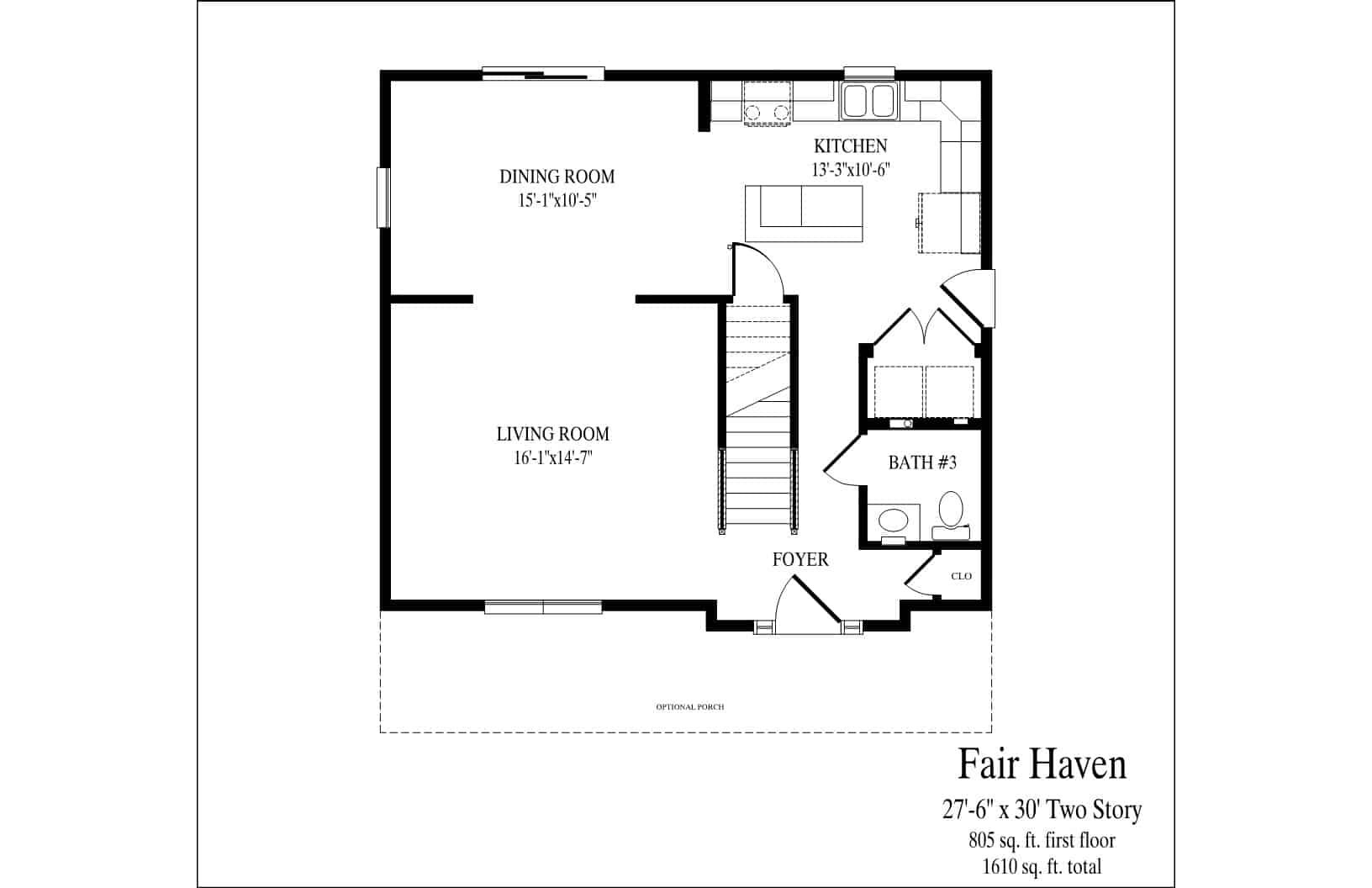 Floor plan of a Fair Haven two-bedroom, two-bath apartment with kitchen, dining, living room, and foyer.
