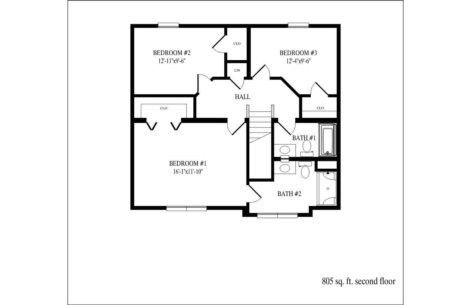 Floor plan of a 982 sq ft, 3-bedroom, 2-bath apartment with kitchen, dining, and living room.