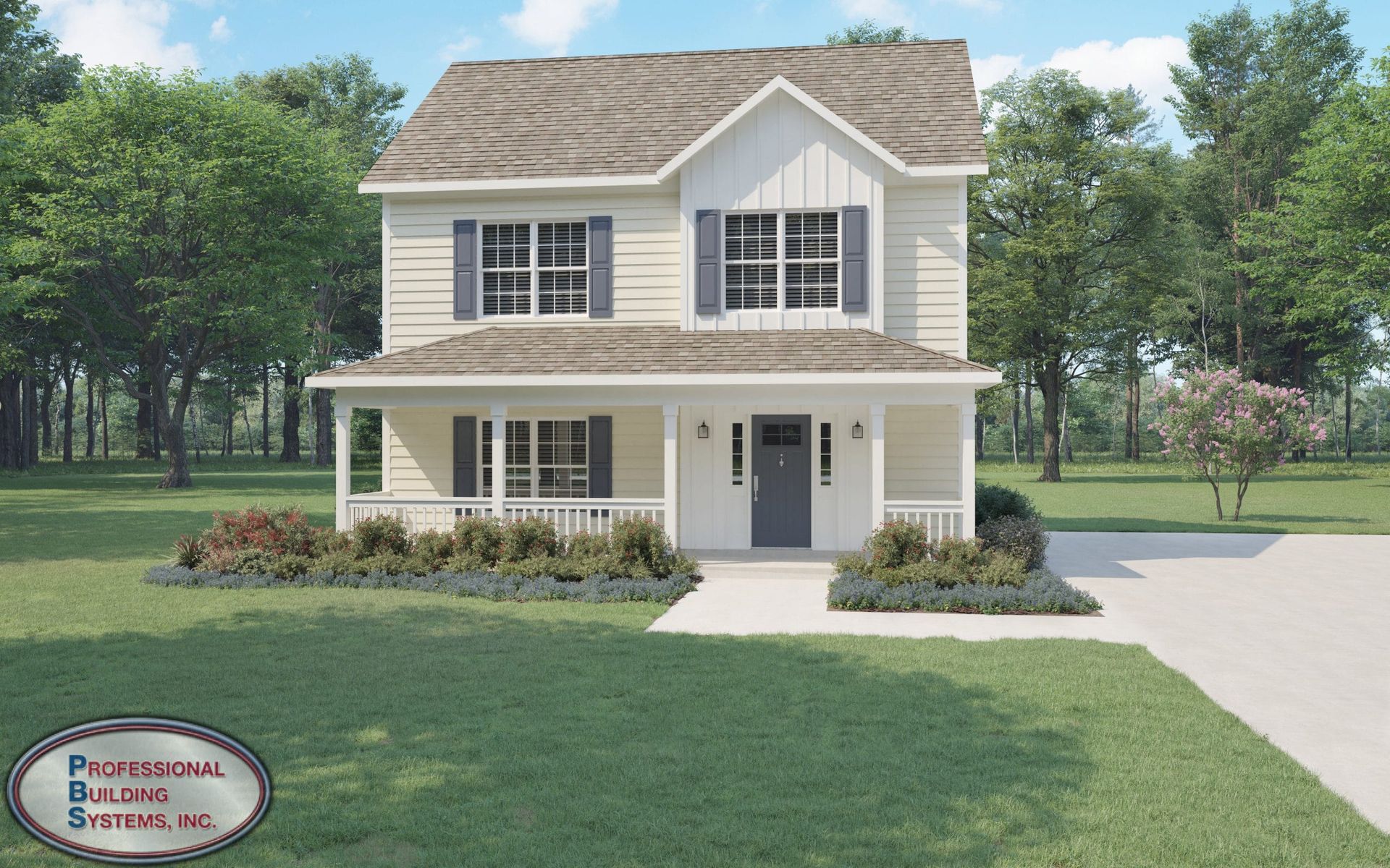 Two-story beige house with white trim, front porch, and manicured lawn in a suburban setting