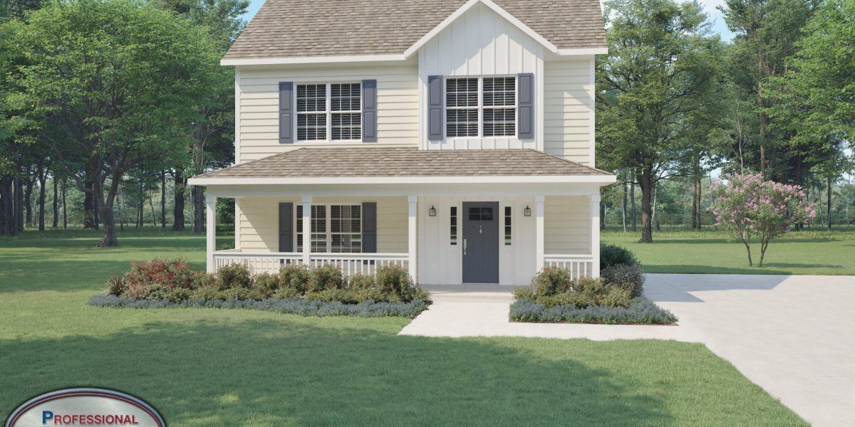 Two-story beige house with a front porch and green lawn on a sunny suburban street.