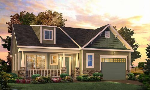 An artist 's impression of a house with a green garage door