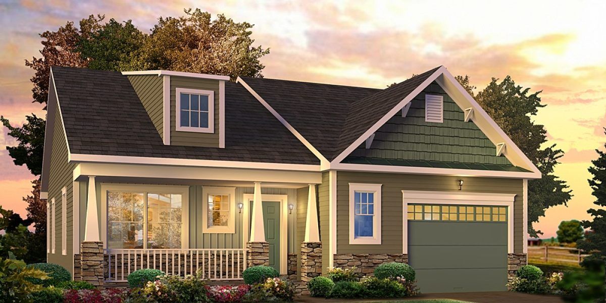 An artist 's impression of a house with a green garage door