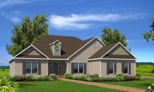 Single-story beige suburban house with brown roof, white trim, and a green lawn under a blue sky