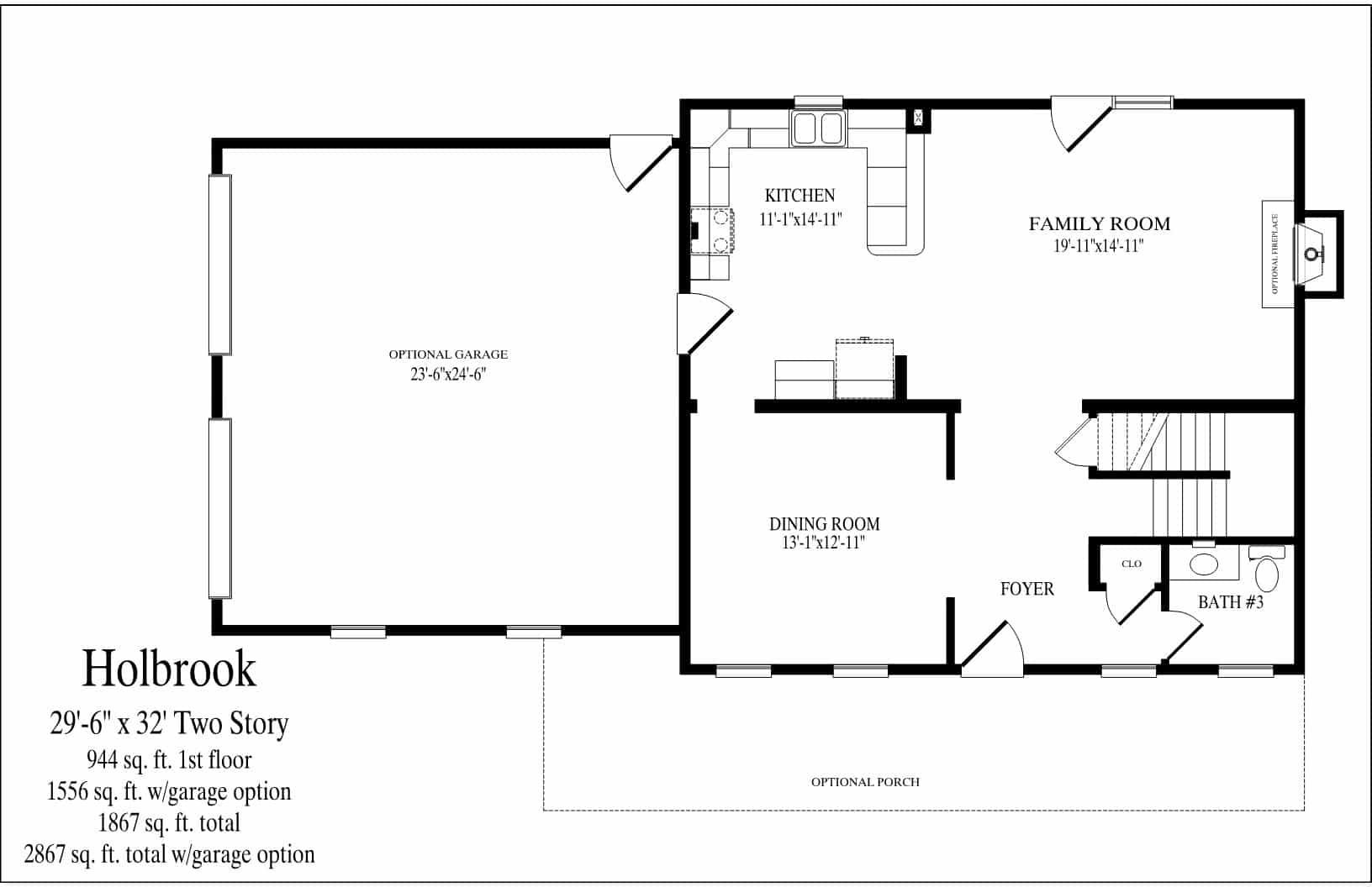 Black-and-white house floor plan labeled “Holbrook” with rooms and staircase layout.