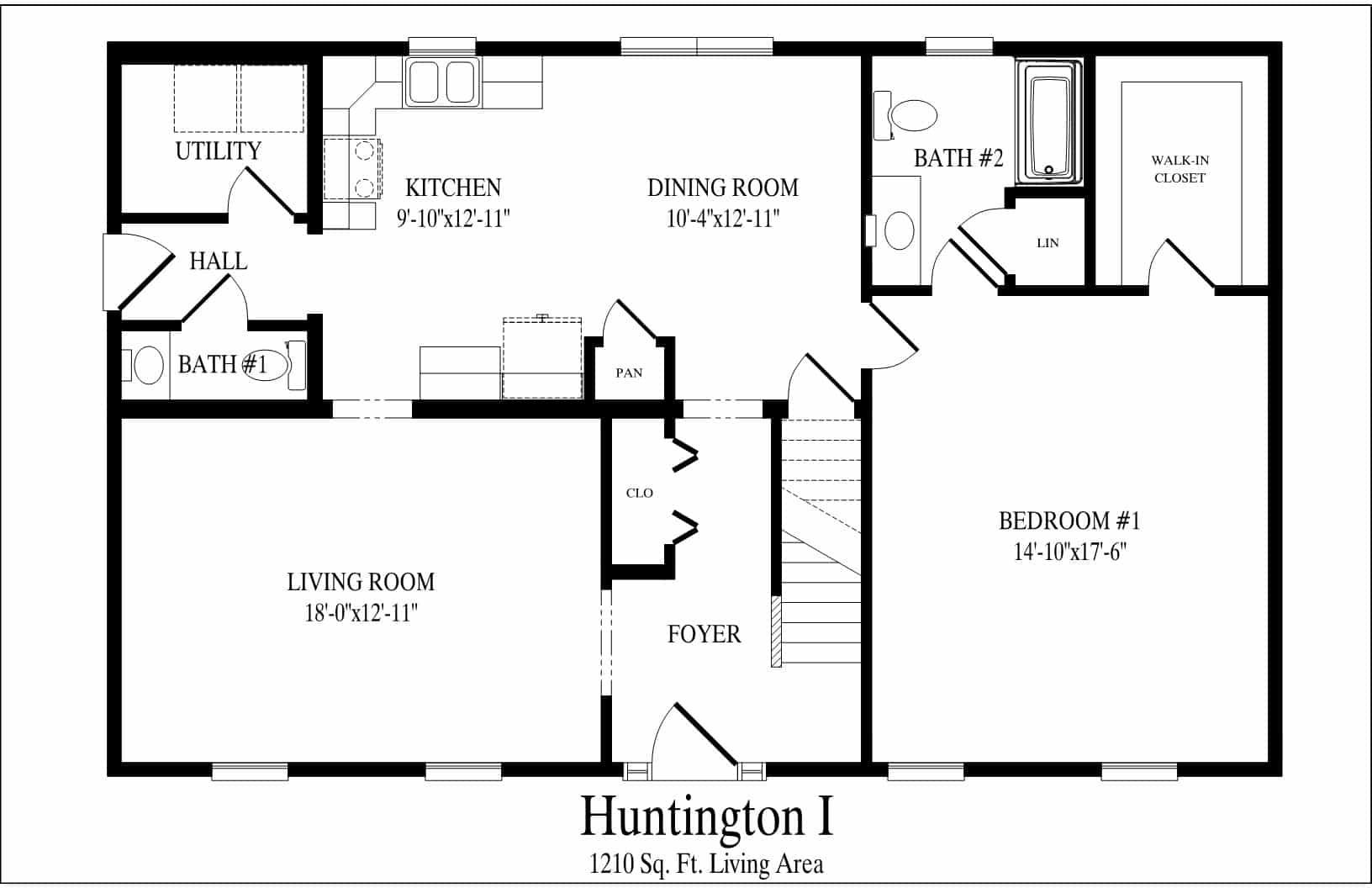 Floor plan of a home showing kitchen, dining room, living room, bedrooms, bath, and utility room.