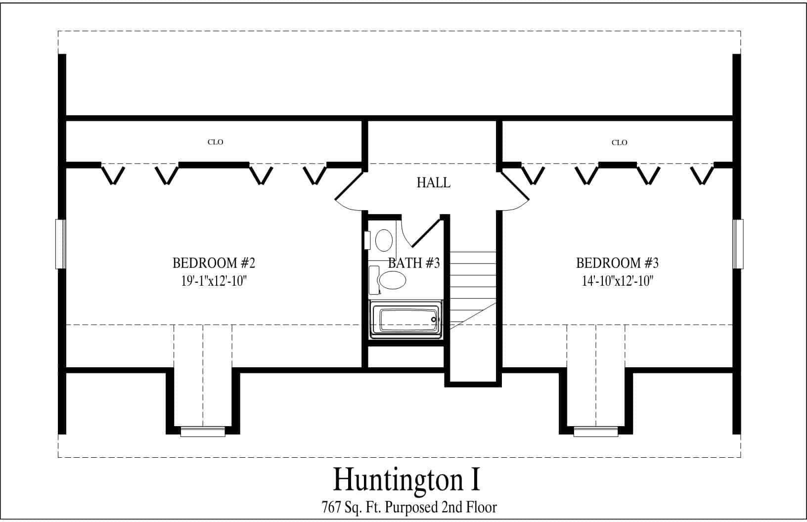 Floor plan of two bedrooms with central hall and bathroom, labeled Huntington I.