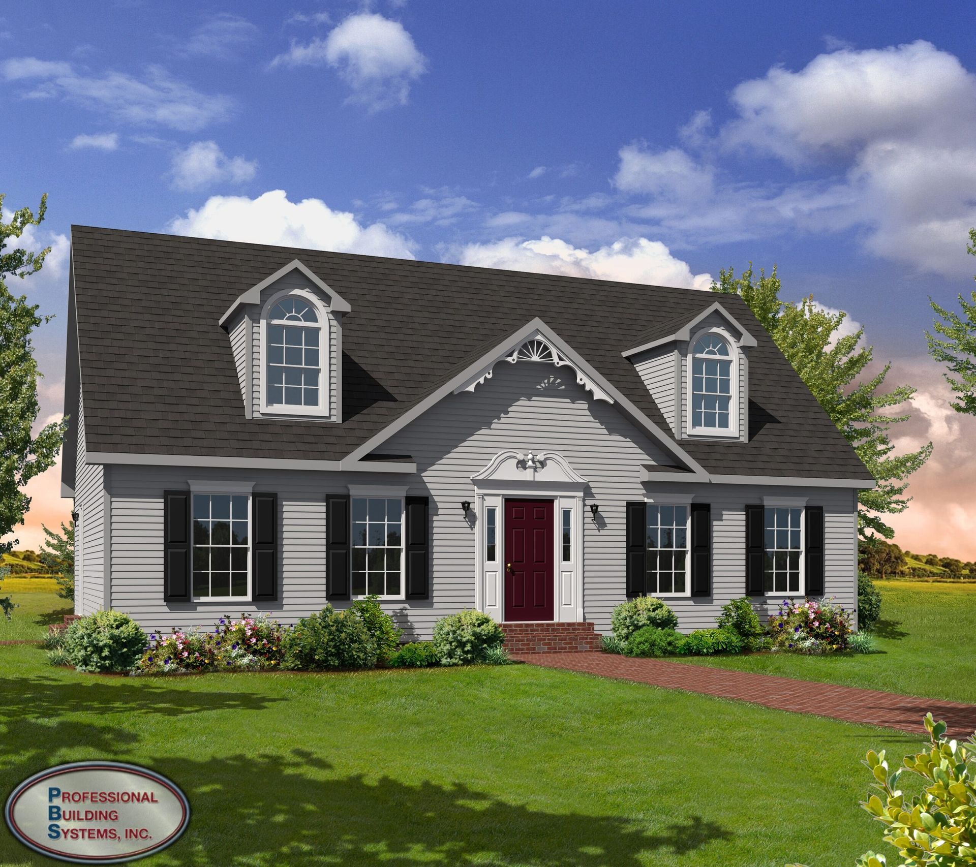Gray suburban house with black shutters, red front door, dormer windows, and a green lawn under a blue sky