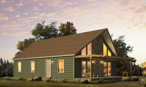 A green house with a brown roof and a porch